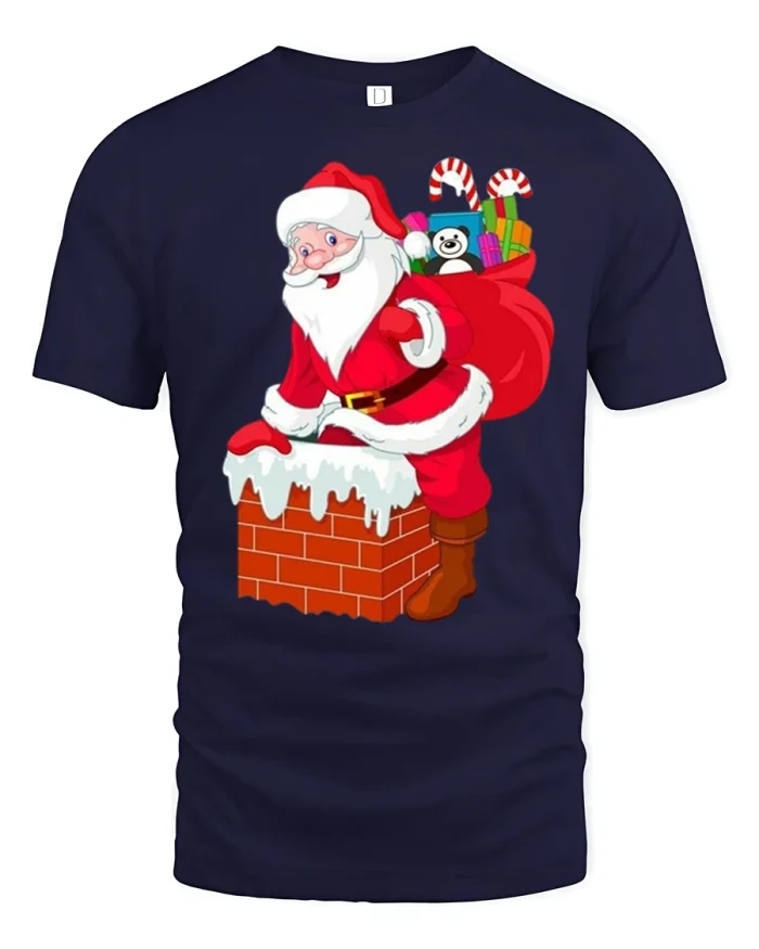 Funny Santa Stuck in Chimney Cute Christmas T-Shirt - navy t-shirt on white background