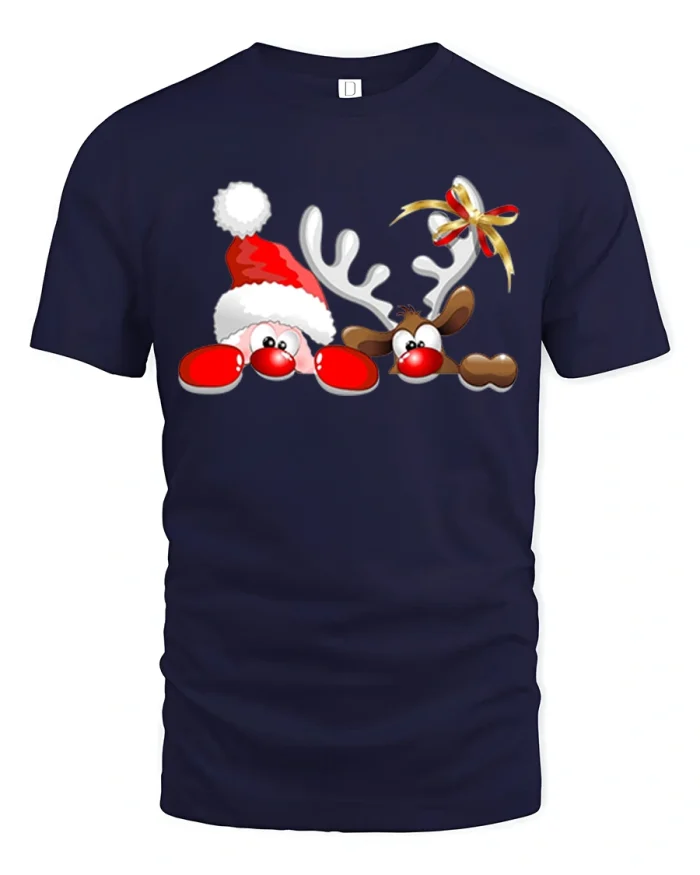Cute Santa and Reindeer Peekaboo Funny Xmas T-Shirt - navy t-shirt on white background