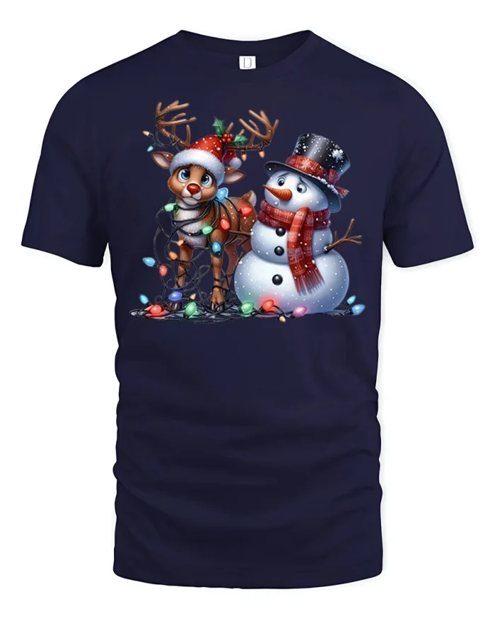 Cute Reindeer Snowman Tangled Lights Christmas T-Shirt - navy t-shirt on white background