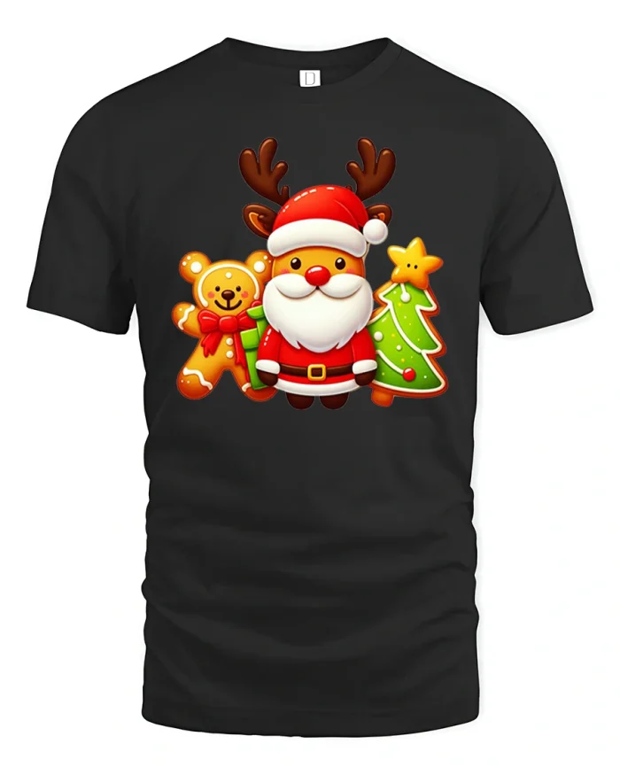 Cute Santa Gingerbread Xmas Friends Holiday Tshirt - black t-shirt on white background