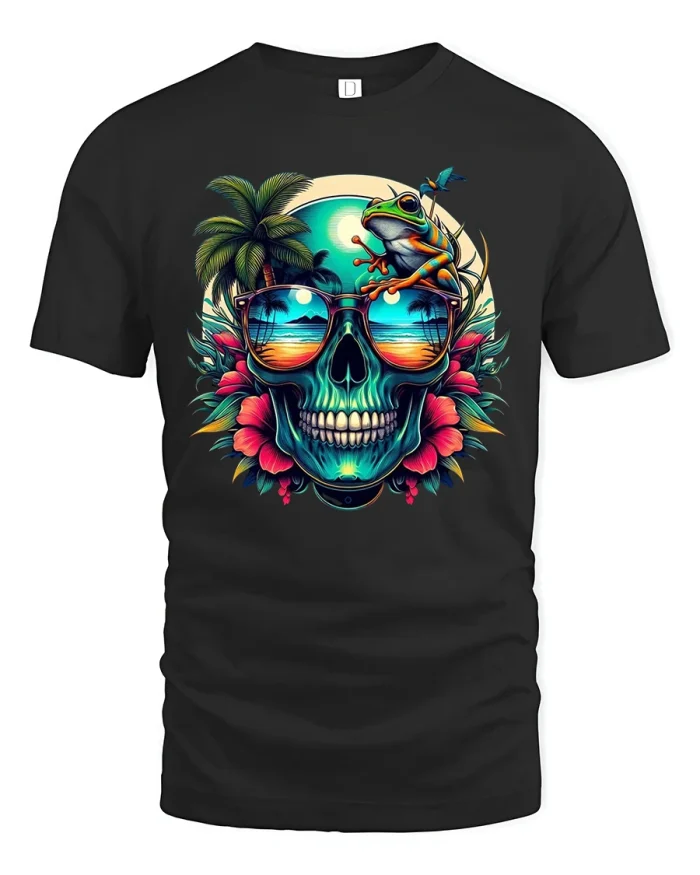 Tropical Sunset Skull Frog Art Beach Vibe Summer Tshirt - black t-shirt on white background