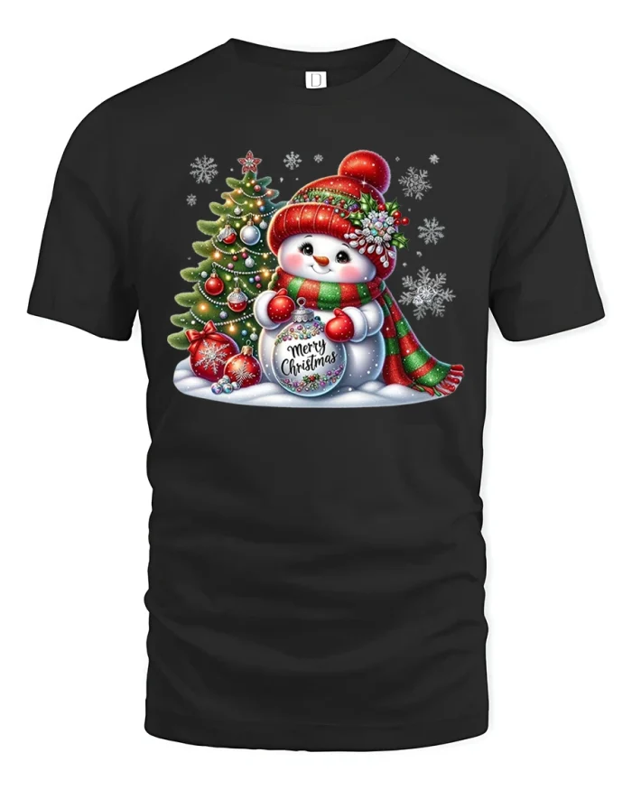 Cute Snowman Christmas Tree Festive Holiday Joy Tshirt - black t-shirt on white background