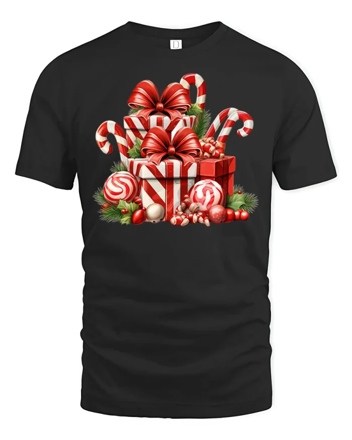 Candy Cane Christmas Gift Box Festive Holiday Tshirt - black t-shirt on white background