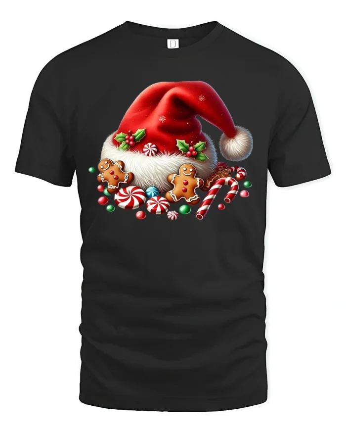 Santa Hat Gingerbread Candy Christmas Treats Tshirt - black t-shirt on white background