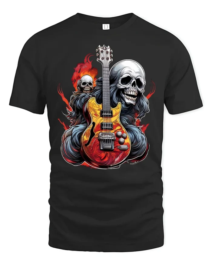 Flaming Skull Guitar Rock Metal Fire Power Style Tshirt - black t-shirt on white background