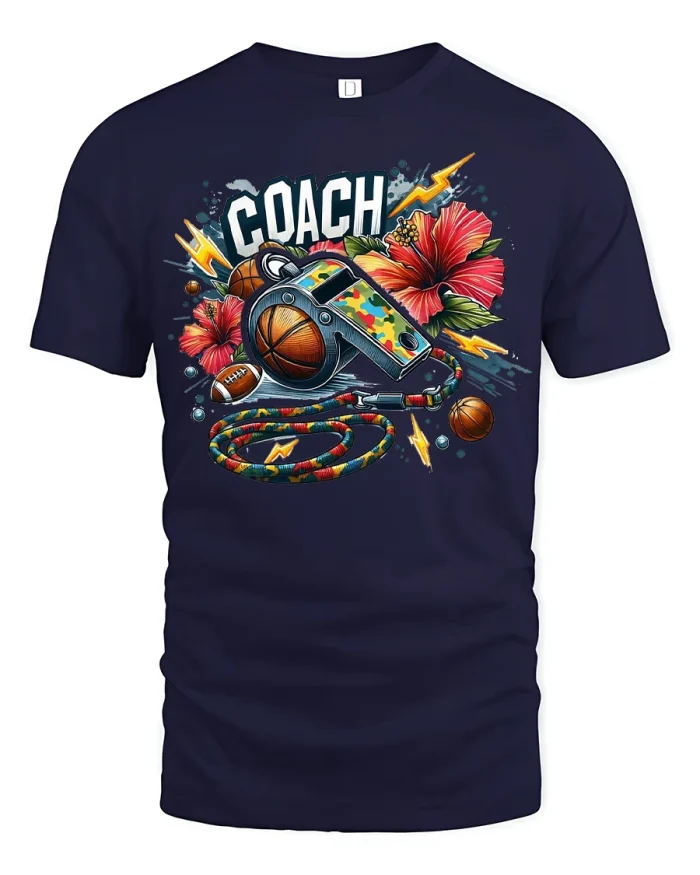 Coach Whistle Sports Flowers Bold Trainer Pride Tshirt - navy t-shirt on white background