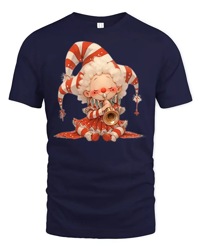 Cute Jester Elf Playing Horn Christmas Holiday Tshirt - navy t-shirt on white background