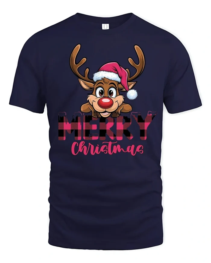 Cute Reindeer Merry Christmas Plaid Holiday Fun Tshirt - navy t-shirt on white background