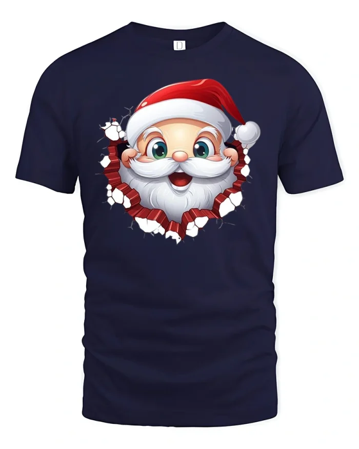 Funny Santa Breakthrough Wall Merry Christmas Tshirt - navy t-shirt on white background