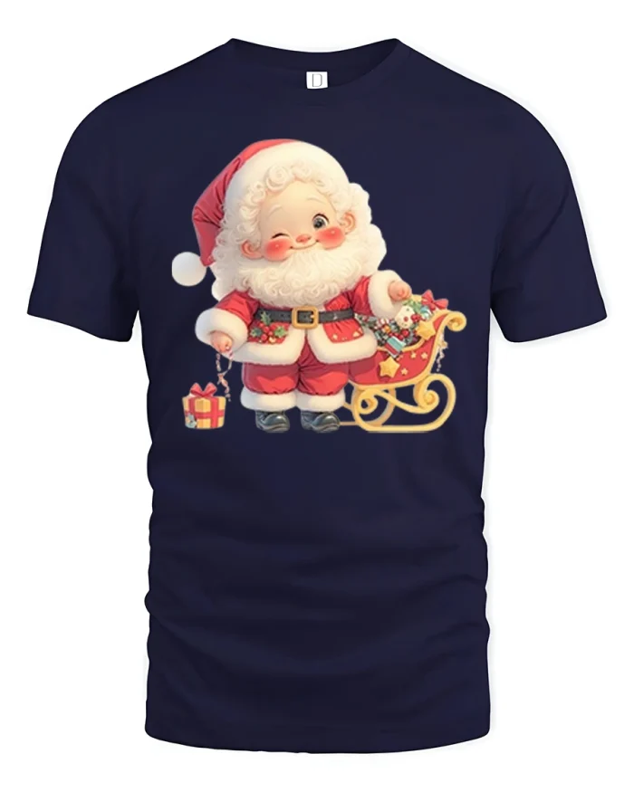 Cute Winking Santa Sleigh Gifts Merry Christmas Tshirt - navy t-shirt on white background