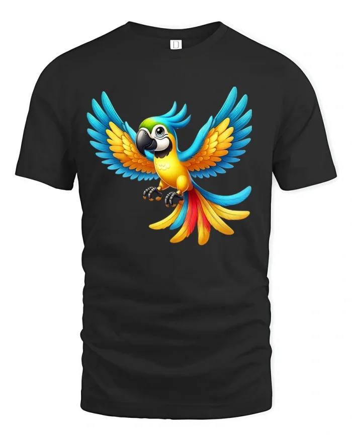 Colorful Flying Parrot Tropical Bird Graphic Art Tshirt - black t-shirt on white background