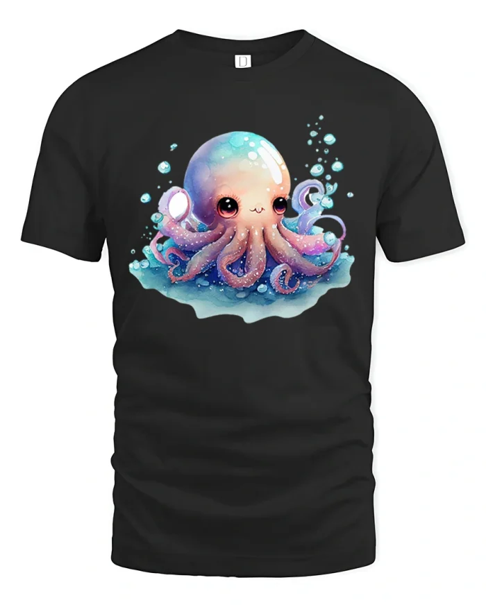 Adorable Kawaii Octopus Watercolor Cute Ocean Art Tshirt - black t-shirt on white background