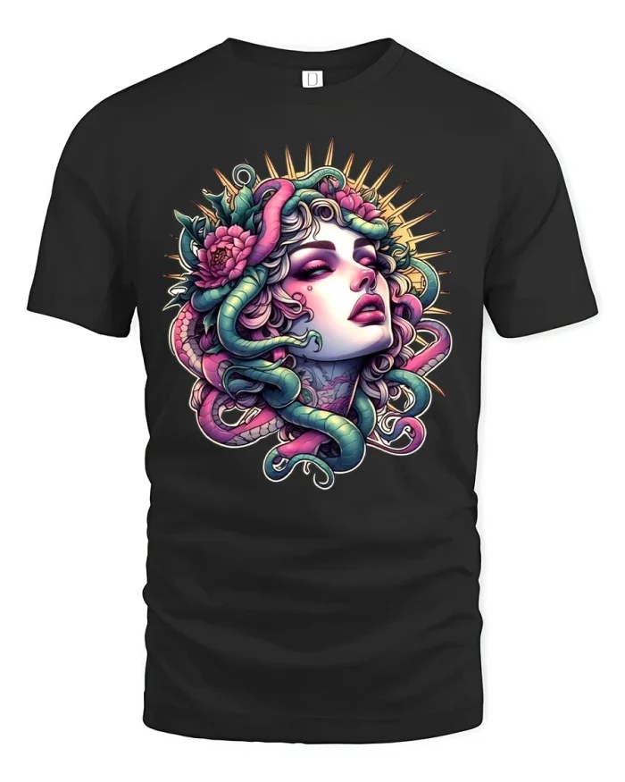 Vibrant Medusa Mythology Snake Hair Goddess Art Tshirt - black t-shirt on white background