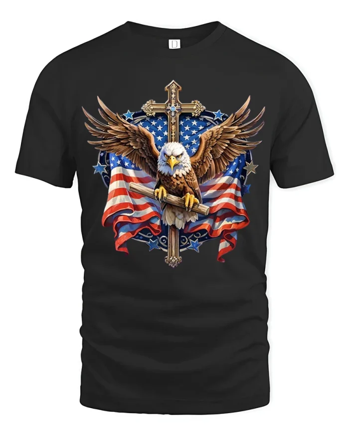 Patriotic Bald Eagle Cross Freedom Tee with American Flag Art - black t-shirt on white background