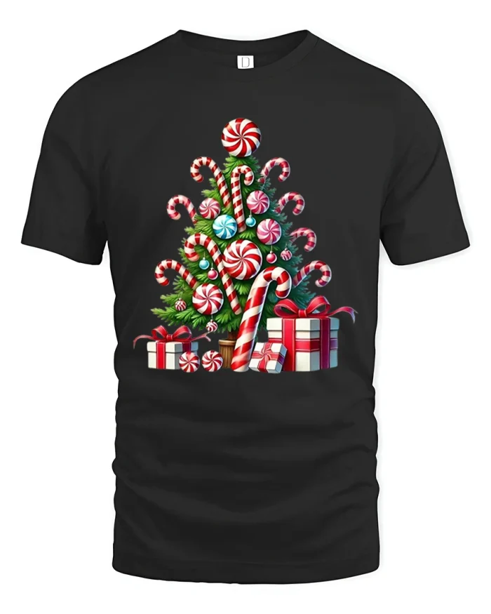 Sweet Candy Christmas Tree Tee with Peppermint Holiday Style - black t-shirt on white background