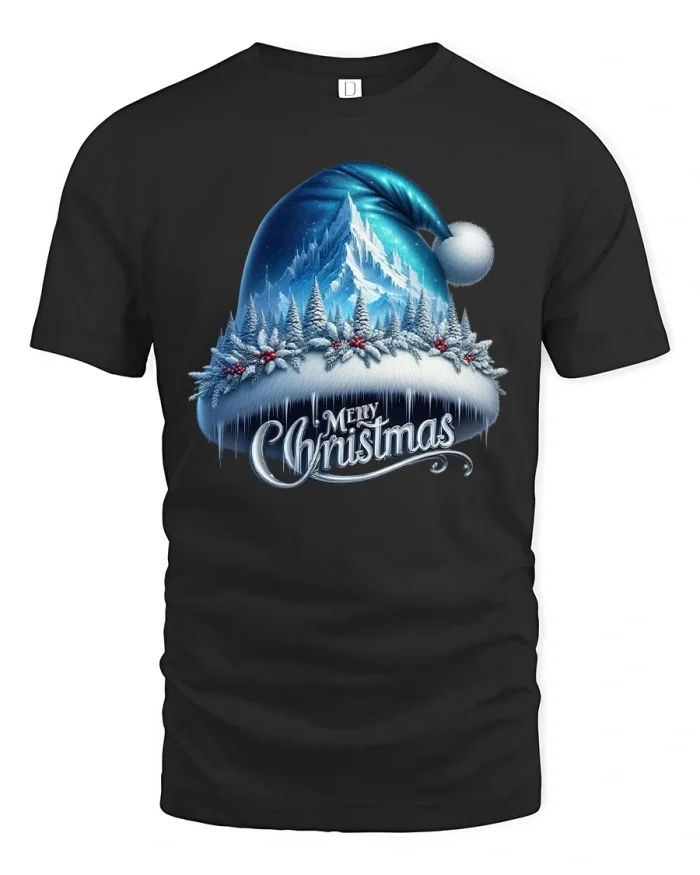 Merry Christmas Winter Wonderland Hat Scene Holiday Tee - black t-shirt on white background