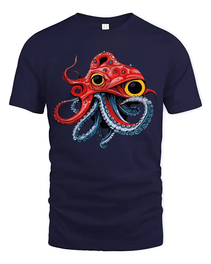 Psychedelic Octopus Art Tee With Vibrant Deep-Sea Creature Design - navy t-shirt on white background