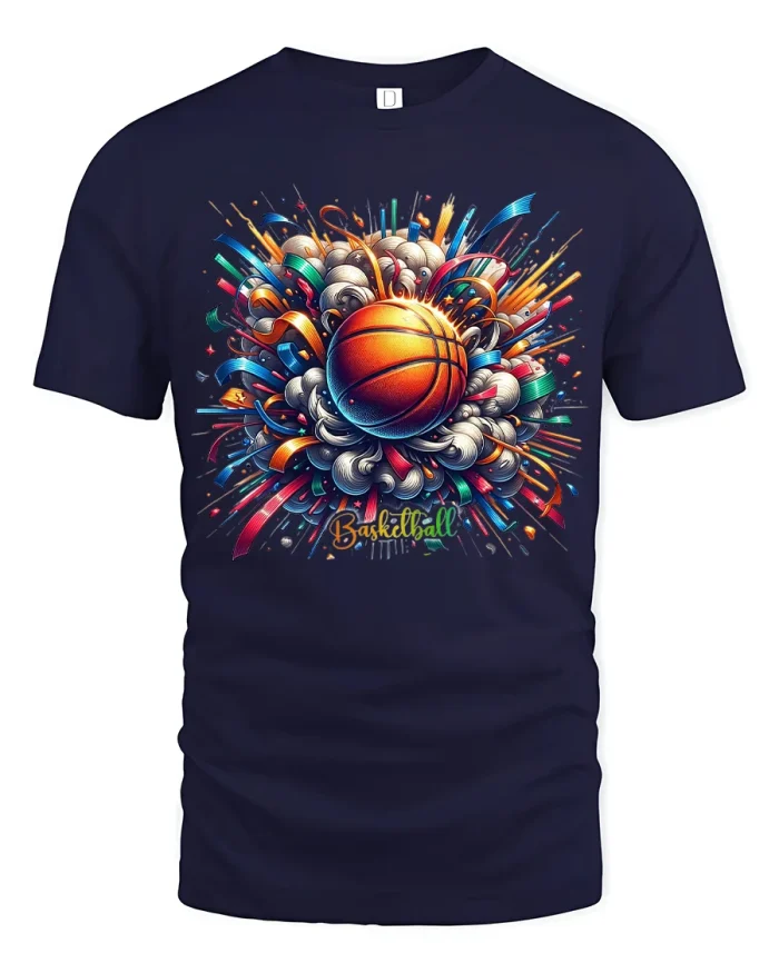 Explosive Basketball Art Tee with Vibrant Color Splash Design - navy t-shirt on white background