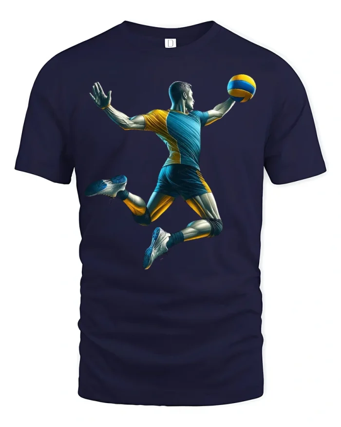 Dynamic Volleyball Player Action Shot Athletic Sports Tee Shirt - navy t-shirt on white background