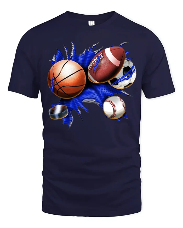 Epic Multi-Sport Explosion Tee for Basketball Football Fans - navy t-shirt on white background