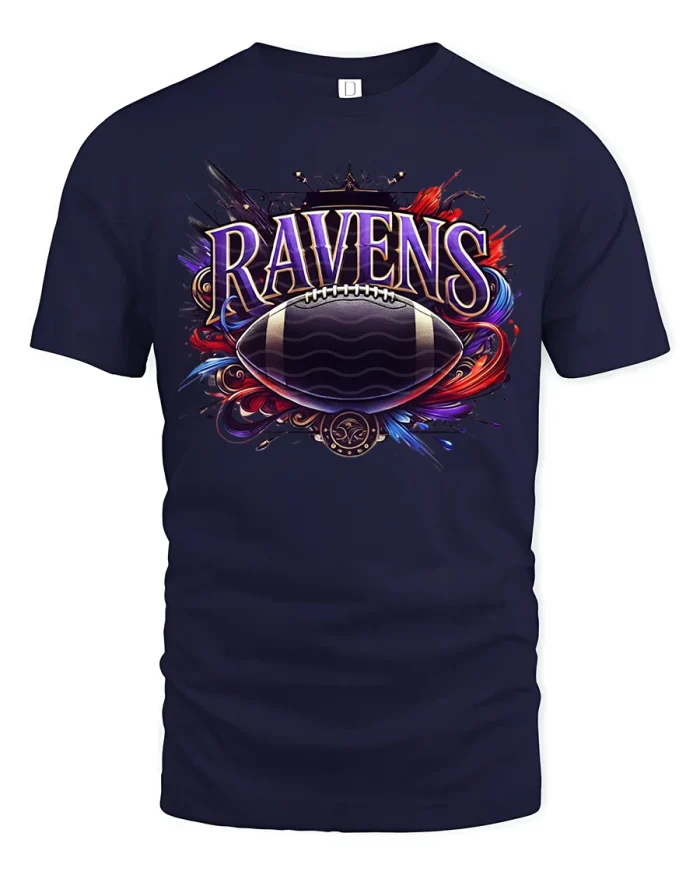 Bold Ravens Football Spirit Tee with Vibrant Game-Day Art Design - navy t-shirt on white background