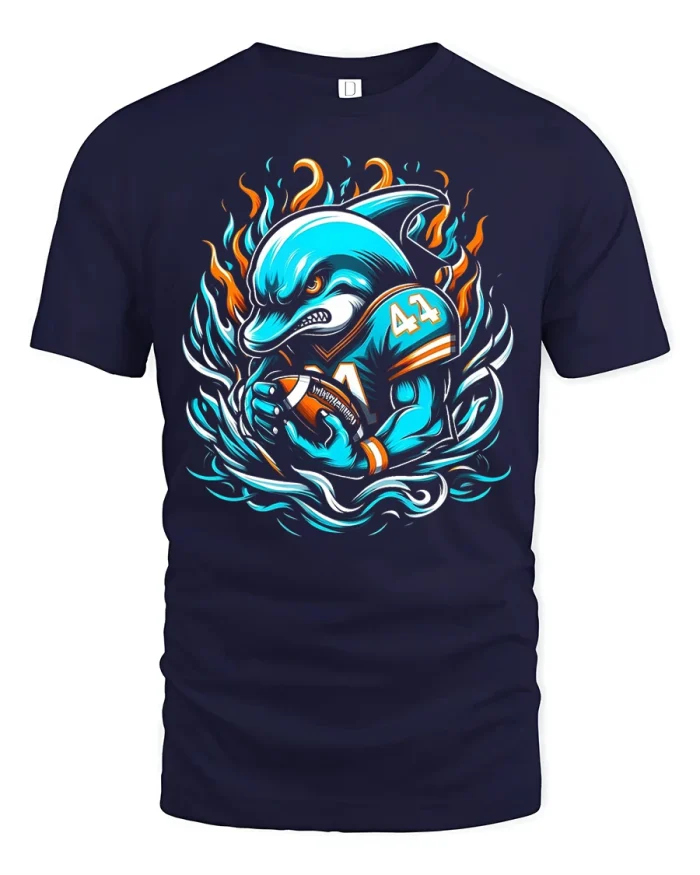 Fierce Dolphin Football Tee with Bold Flame Graphic Design - navy t-shirt on white background