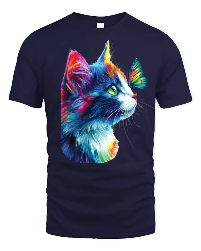 Vibrant Rainbow Cat and Butterfly Art Tee for Creative Souls - navy t-shirt on white background
