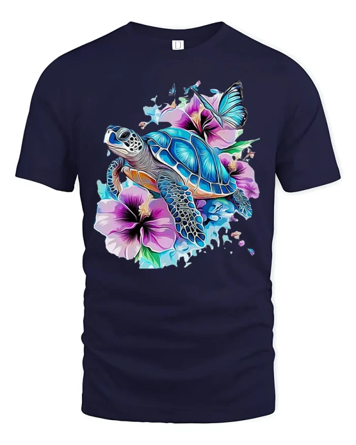 Vibrant Sea Turtle Floral Paradise Art Tee for Ocean Lovers - navy t-shirt on white background