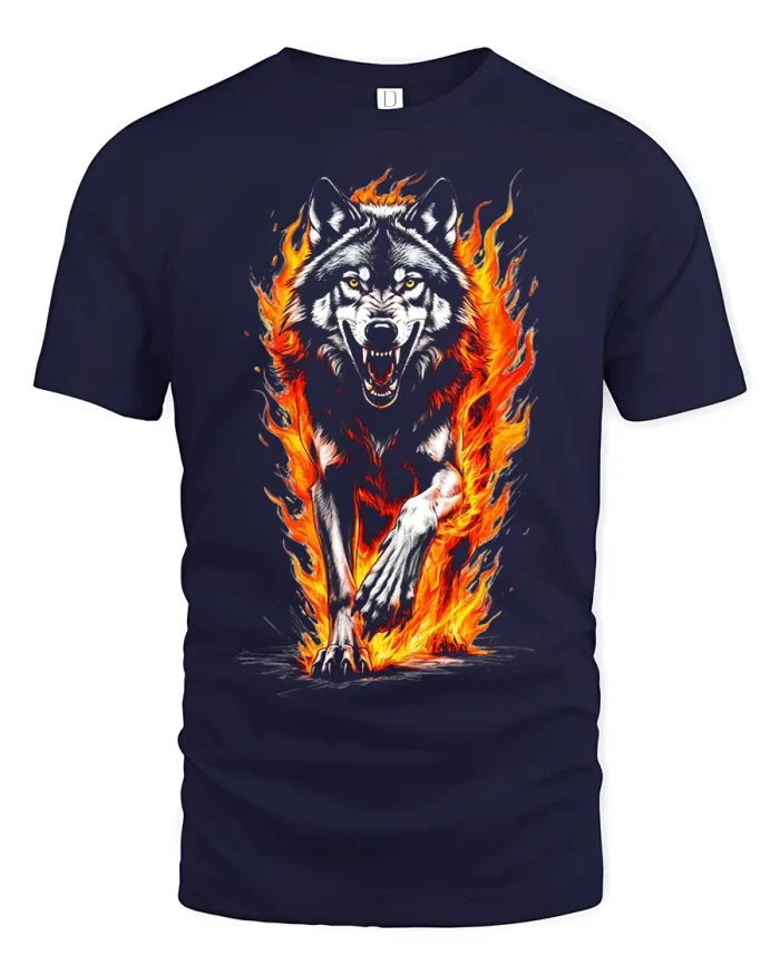 Fireborn Wolf Spirit Graphic Tee for Bold Wild Soul Style - navy t-shirt on white background