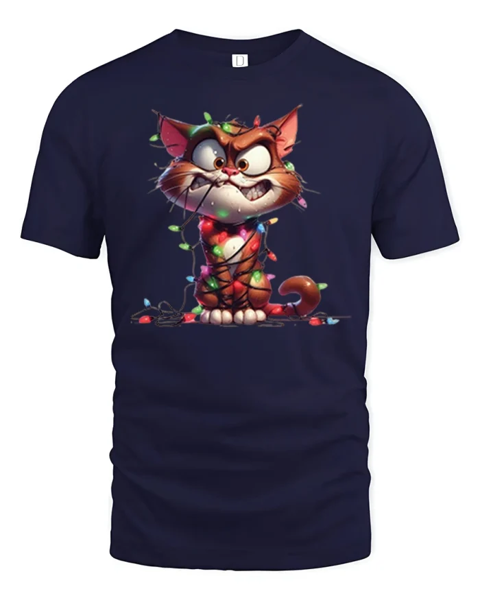 Funny Grumpy Christmas Cat Lights Tee for Holiday Laughs - navy t-shirt on white background
