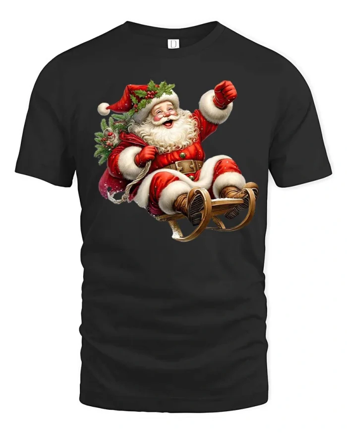 Jolly Santa Sleigh Ride Christmas Tee for Holiday Fun Lovers - black t-shirt on white background