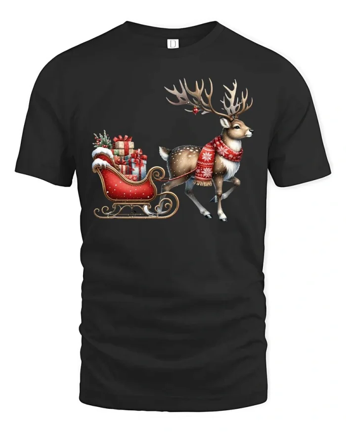 Cute Christmas Reindeer Sleigh Tee with Festive Holiday Artwork - black t-shirt on white background
