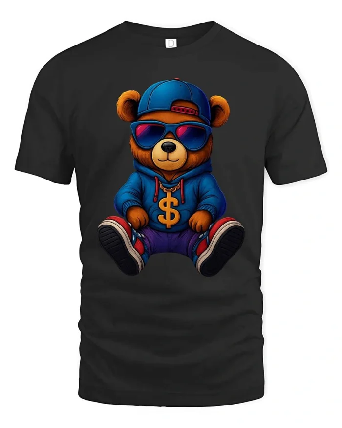 Cool Hip Hop Bear Graphic Tee with Streetwear Swag Style Print - black t-shirt on white background