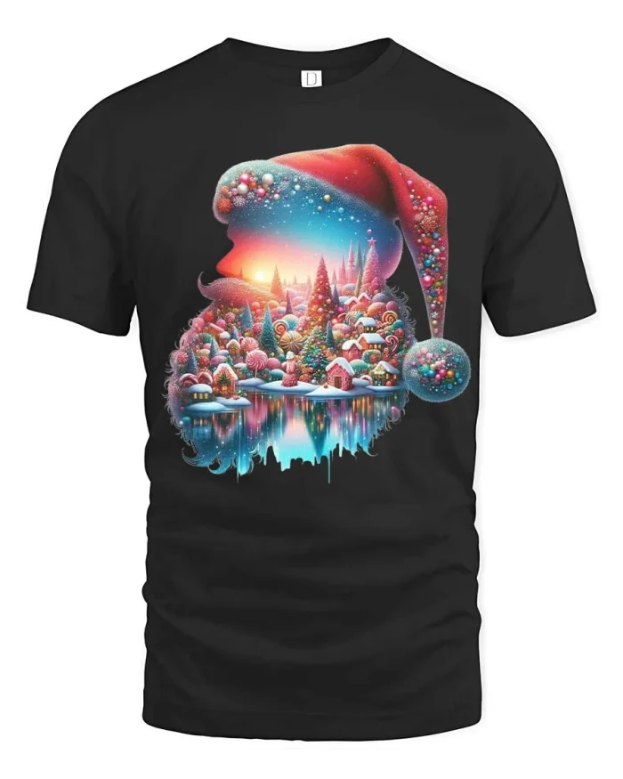 Magical Santa Silhouette Christmas Tee with Winter Village Art - black t-shirt on white background