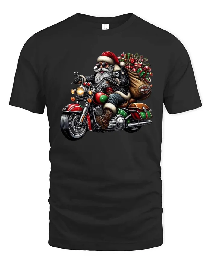 Cool Biker Santa Motorcycle Tee with Funny Christmas Rider Art - black t-shirt on white background