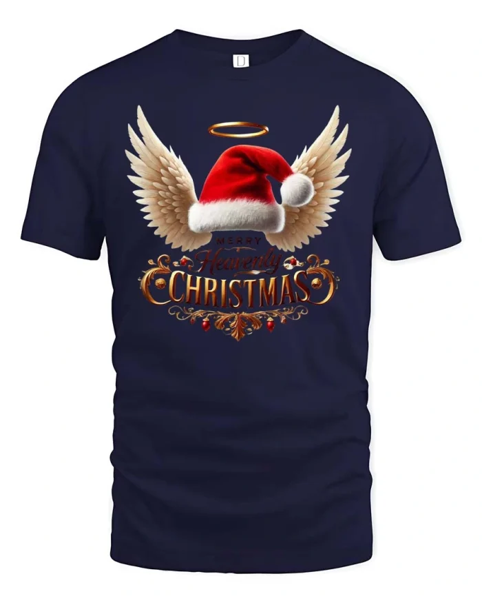 Heavenly Angel Wings Christmas Tee with Santa Hat Holiday Art - navy t-shirt on white background