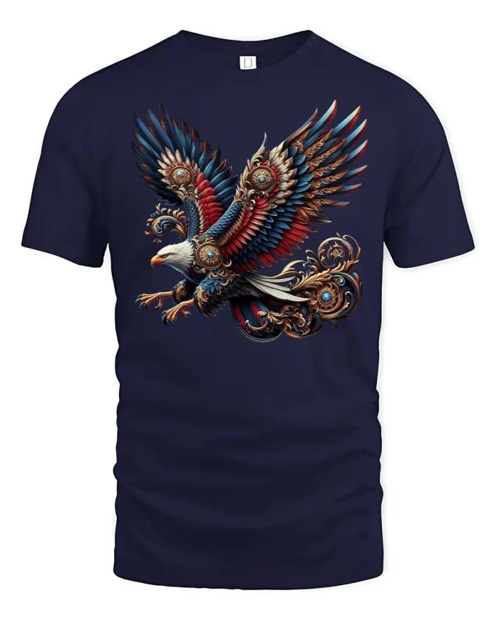 Ornate Patriotic Eagle Tee with Bold Red White Blue Artwork - navy t-shirt on white background