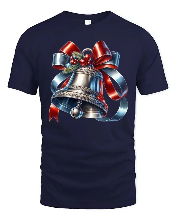 Elegant Christmas Bell Tee with Red and Blue Festive Ribbon Art - navy t-shirt on white background