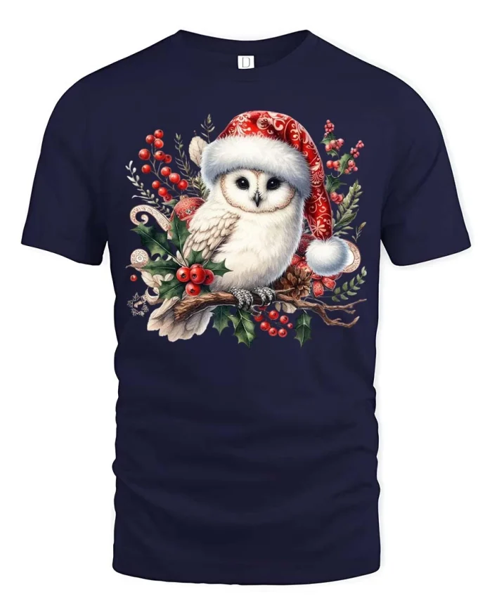 Cute Christmas Owl Tee with Santa Hat and Festive Winter Branch - navy t-shirt on white background