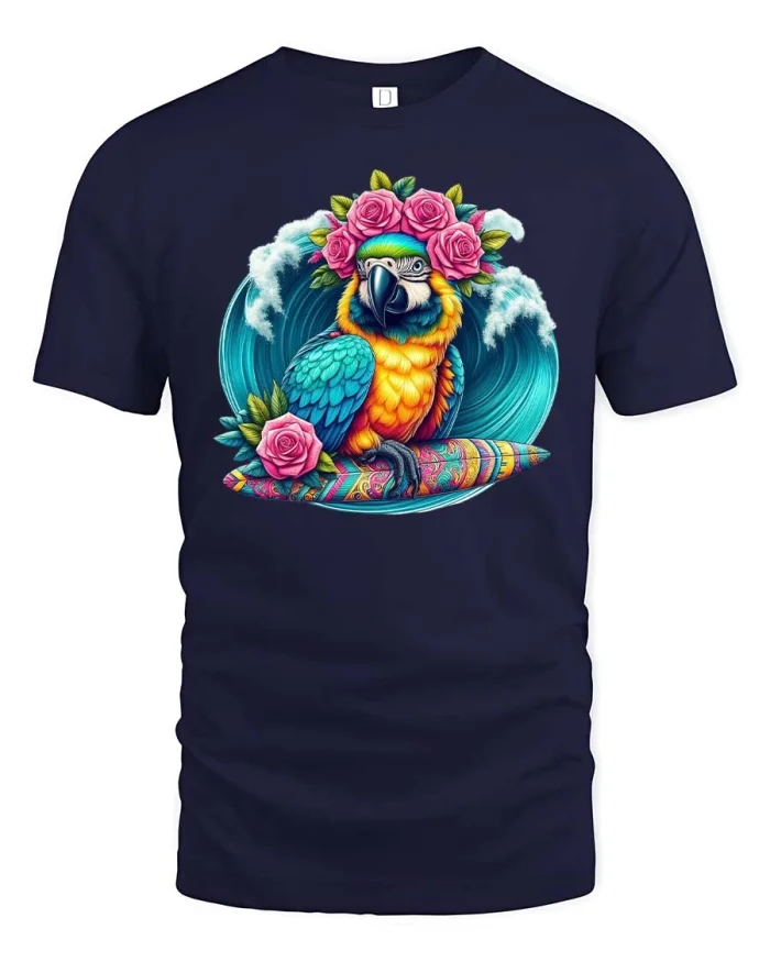Tropical Surfing Parrot Tee with Colorful Floral Summer Art - navy t-shirt on white background