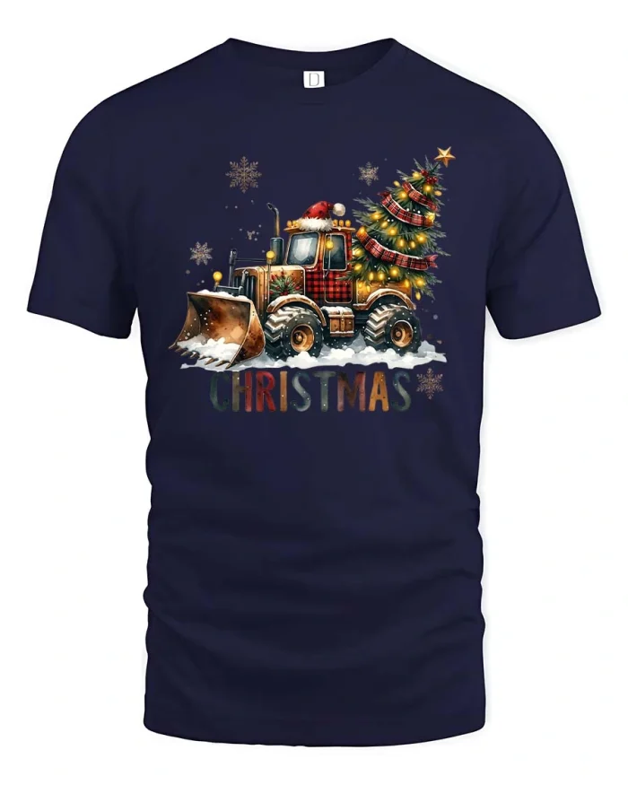 Festive Tractor Christmas Tee with Tree and Snow Plow Artwork - navy t-shirt on white background