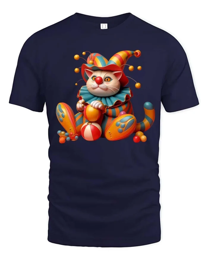 Funny Clown Cat Tee with Colorful Jester Costume Cartoon Art - navy t-shirt on white background