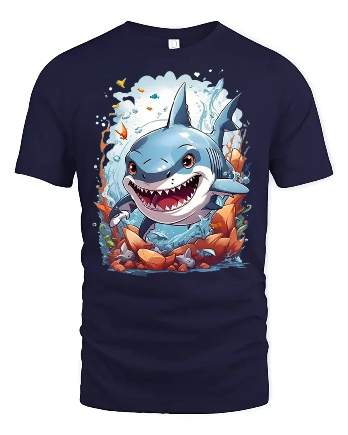 Cute Cartoon Shark Tee with Fun Ocean Splash Graphic Artwork - navy t-shirt on white background