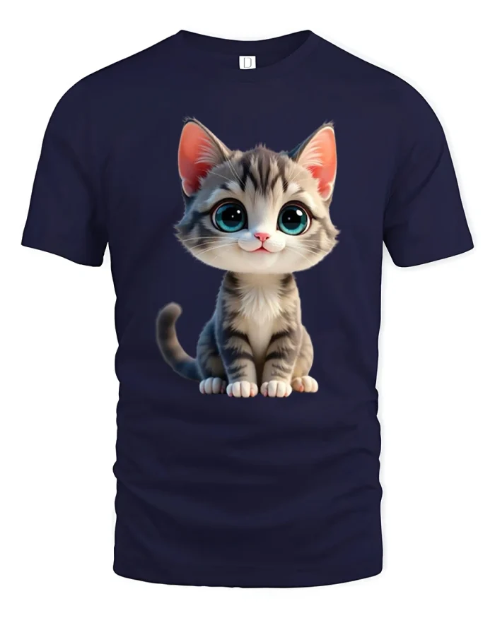 Adorable Cute Kitten Tee with Big Eyes Cartoon Cat Artwork - navy t-shirt on white background