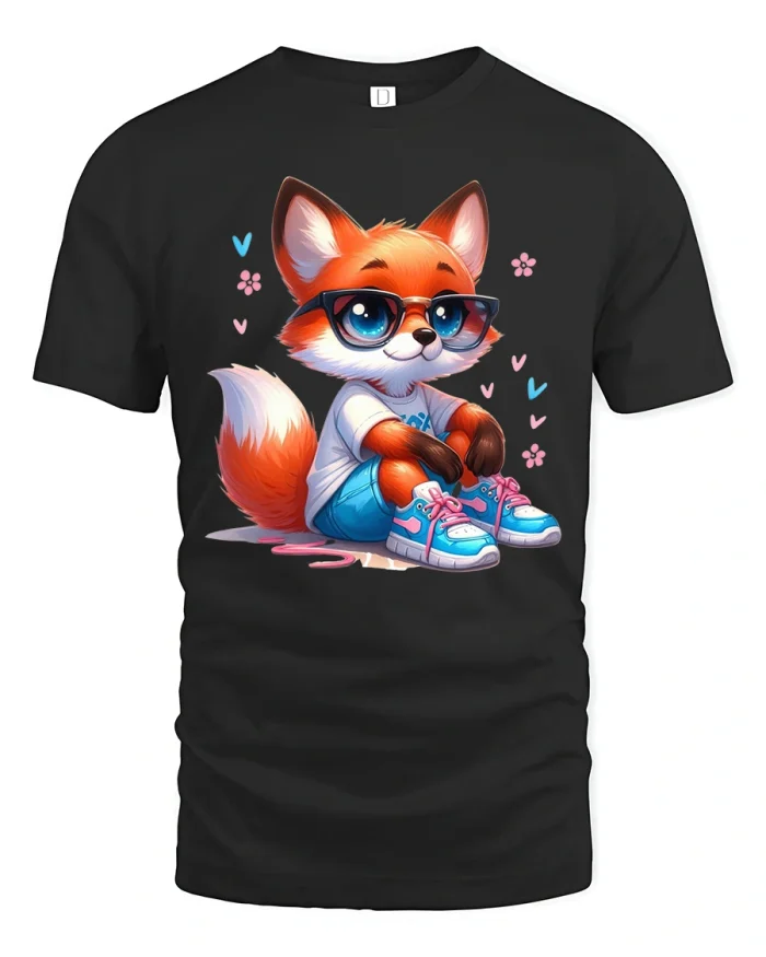 Cute Fox With Glasses Cool Style Animal Lover T-Shirt - black t-shirt on white background