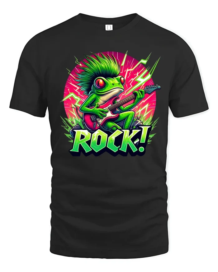 Rocking Frog Electric Guitar Funny Music Lover T-Shirt - black t-shirt on white background