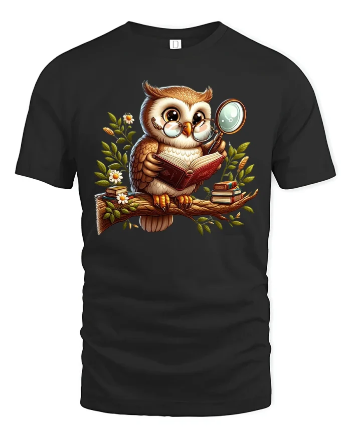 Wise Owl Reading Book Cute Teacher Student T-Shirt - black t-shirt on white background