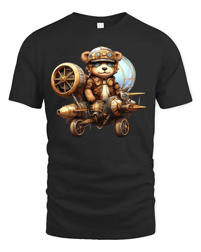 Steampunk Pilot Bear Adventure Vintage Style T-Shirt - black t-shirt on white background