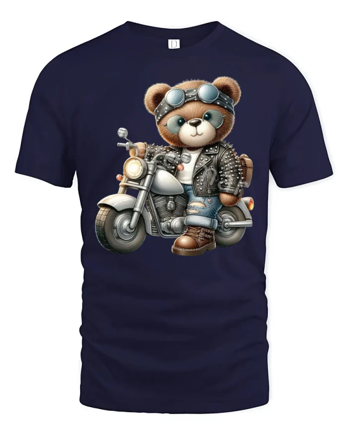 Cool Biker Bear Motorcycle Rider Funny Graphic Tee - navy t-shirt on white background