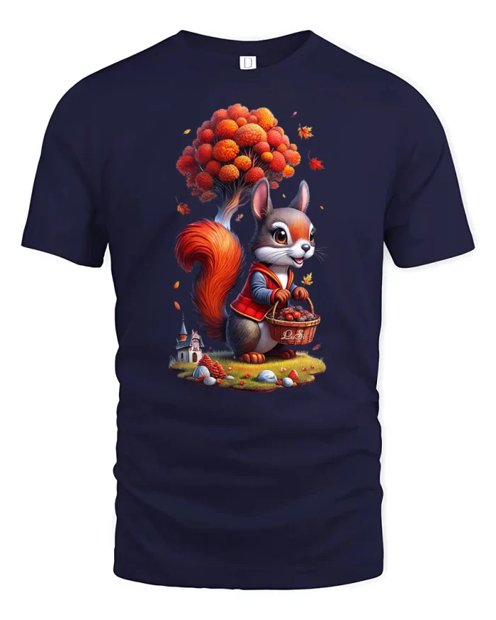 Autumn Squirrel Harvest Funny Fall Season Graphic Tee - navy t-shirt on white background